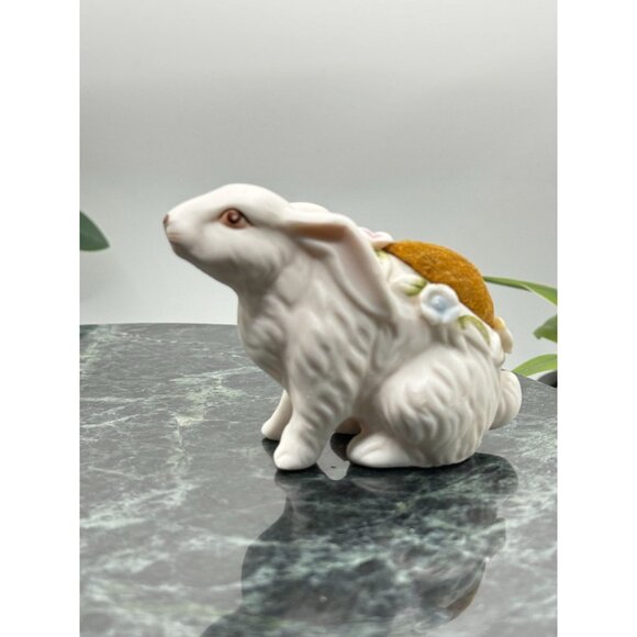Vintage 1950s Porcelain Pin Cushion White Bunny Rabbit with Applied Flowers - Picture 1 of 11